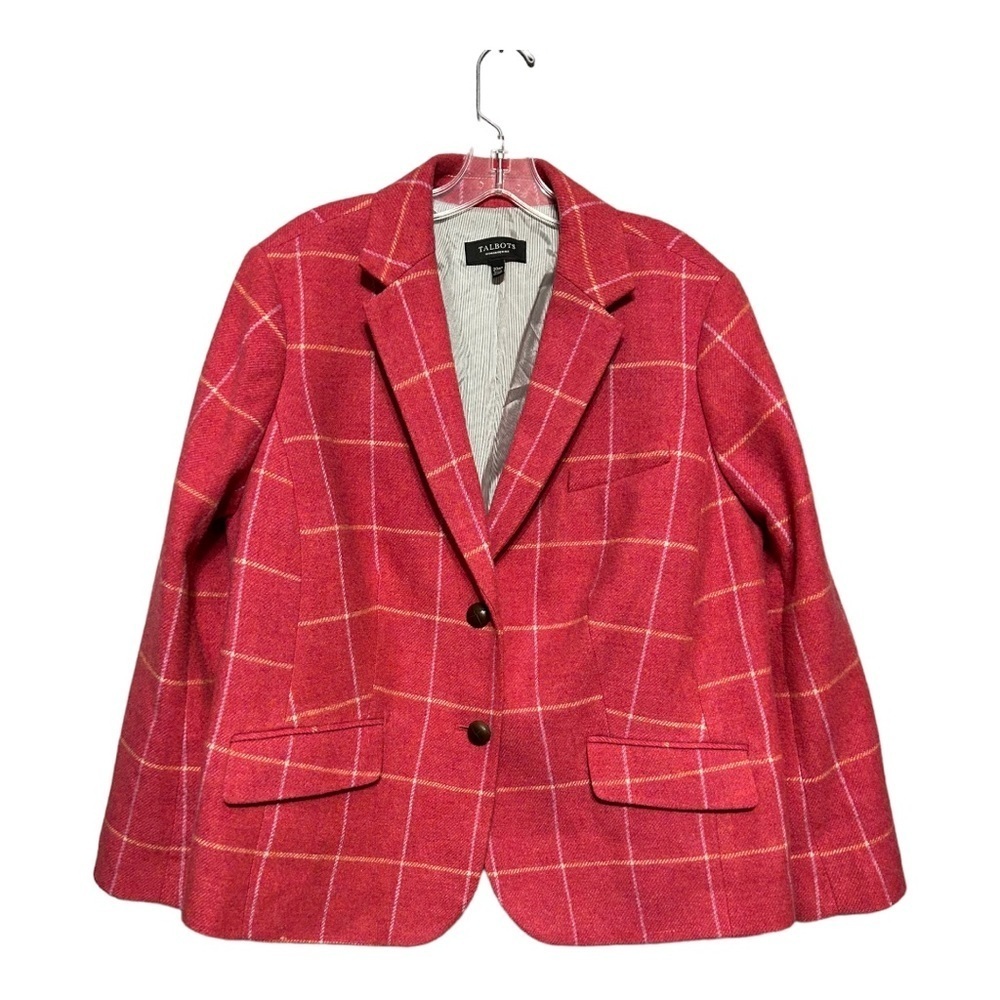 Talbots Wool Blend Blazer 20WP Petite Pink Windowpane Plaid 2-Button Notch Lapel